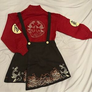 Lucky carp red and black embroidered modern Chinese style two piece set